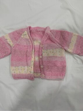 Handknit Pink Baby Cardigan with Pastel Accents